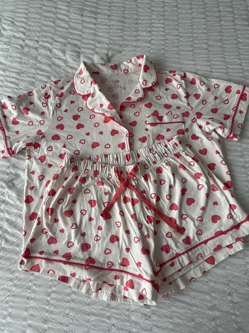 Women’s White and Pink Heart Short Pajama Set - Button-Up Top & Shorts